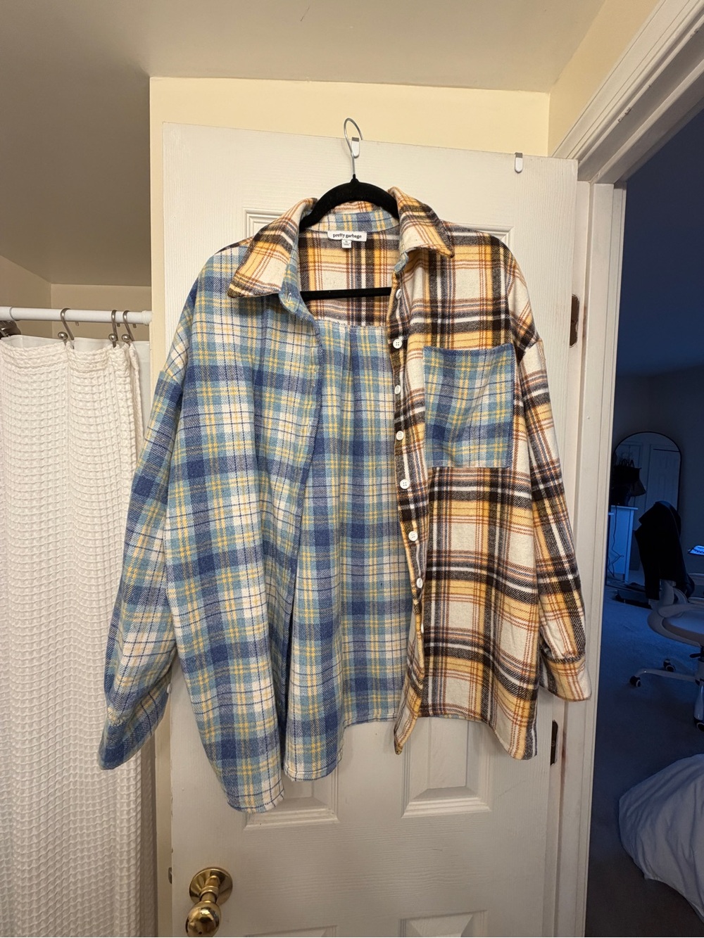 Pretty Garbage blue, yellow, and white plaid button-up shirt